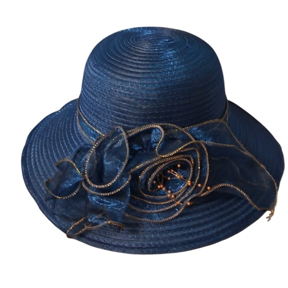 Royal Blue Organza Wide Brim Church Derby Hat Gold Floral Accent YW80903c